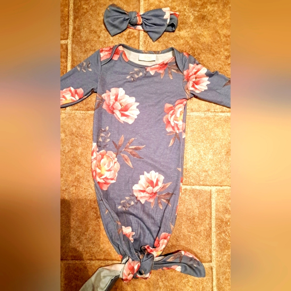 Baby Girls Knotted Gown With Head Bow Grey/Floral Newborn To 6 Months